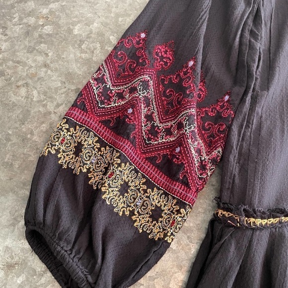 Free People Wild One Black Dress Small Embroidered Drop Waist Peasant Mini L/S - Picture 5 of 16